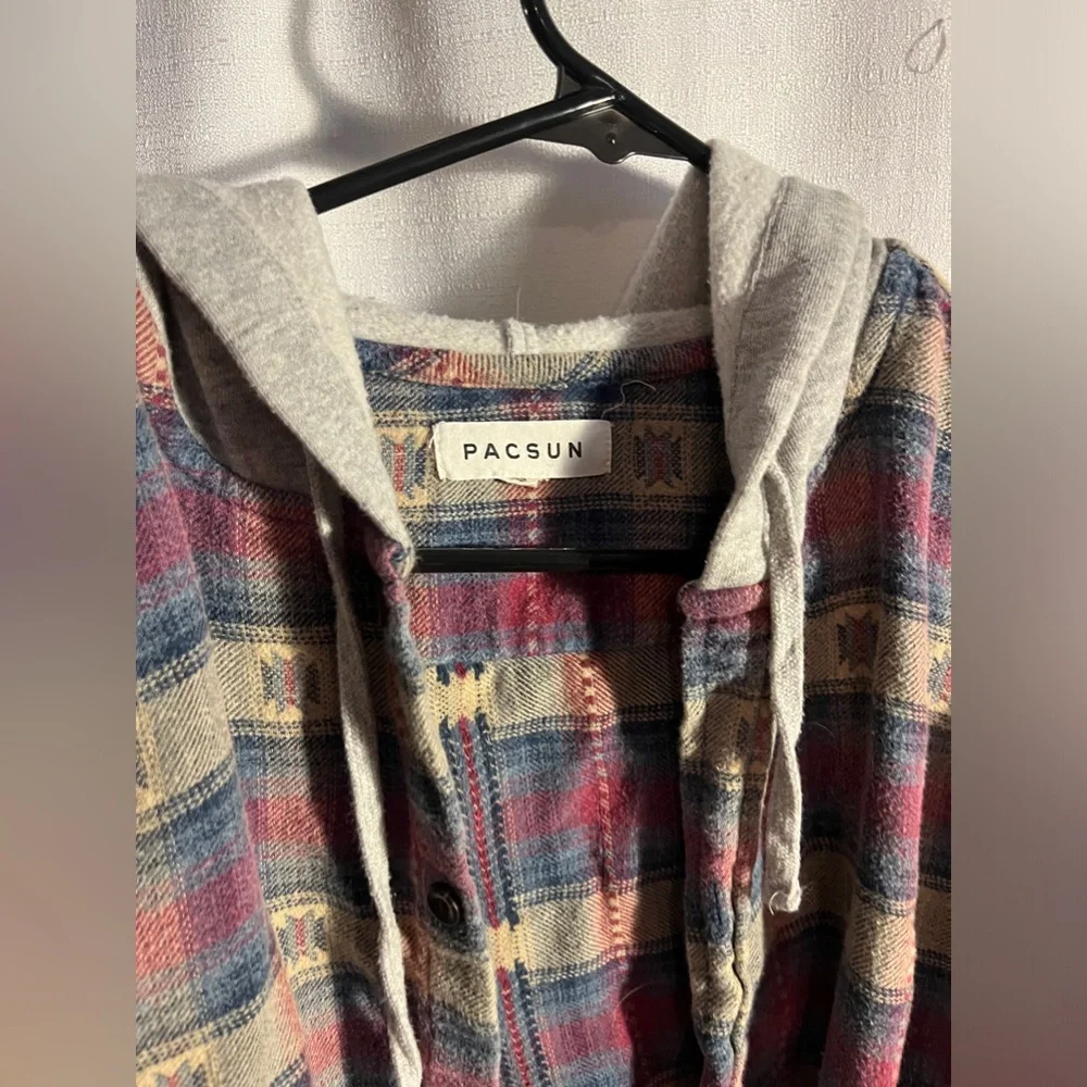 PacSun Medium Hooded Plaid Long Sleeve Shirt - Picture 2 of 4